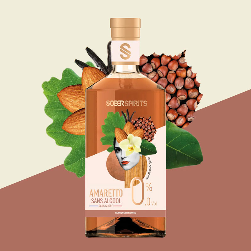 Alkoholfri sprit, Amaretto 0.0%, Sober Spirits med illustration