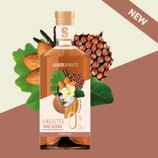 Alkoholfri sprit, amaretto 0.0%, Sober Spirits med illustration