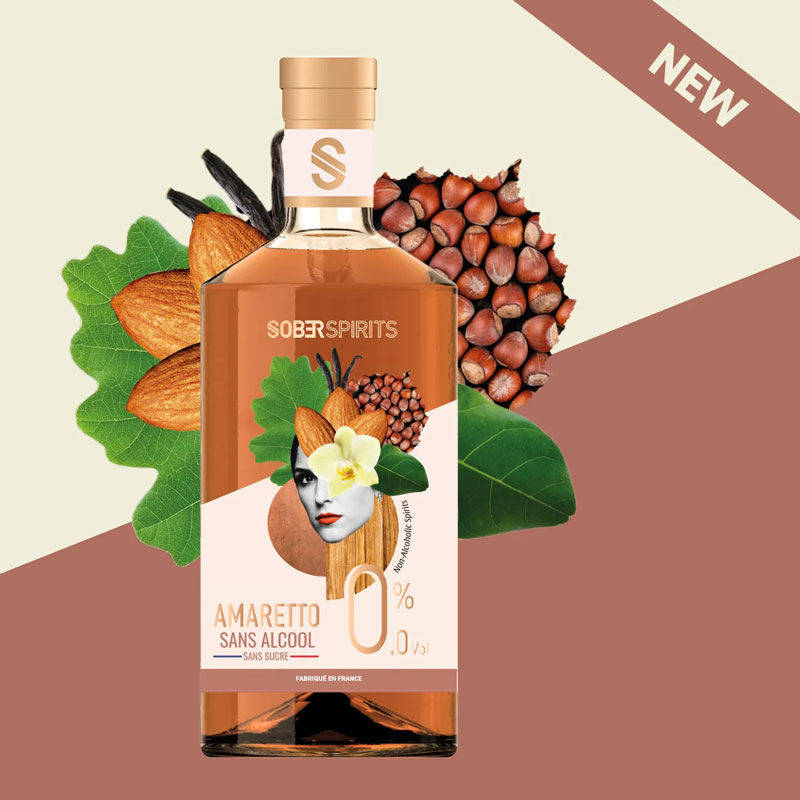 Alkoholfri sprit, amaretto 0.0%, Sober Spirits med illustration