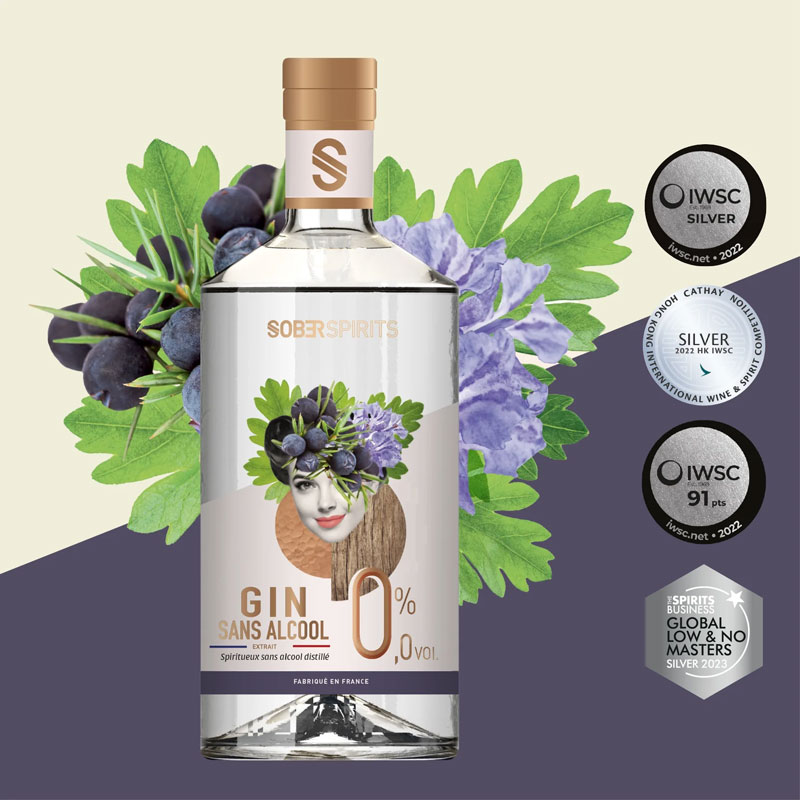 Alkoholfri sprit, gin 0.0%, Sober Spirits med illustration