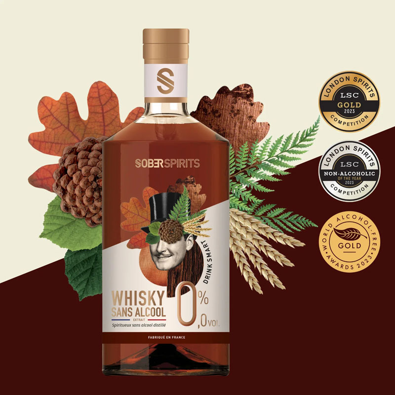 Alkoholfri sprit, whiskey 0.0%, Sober Spirits med illustration